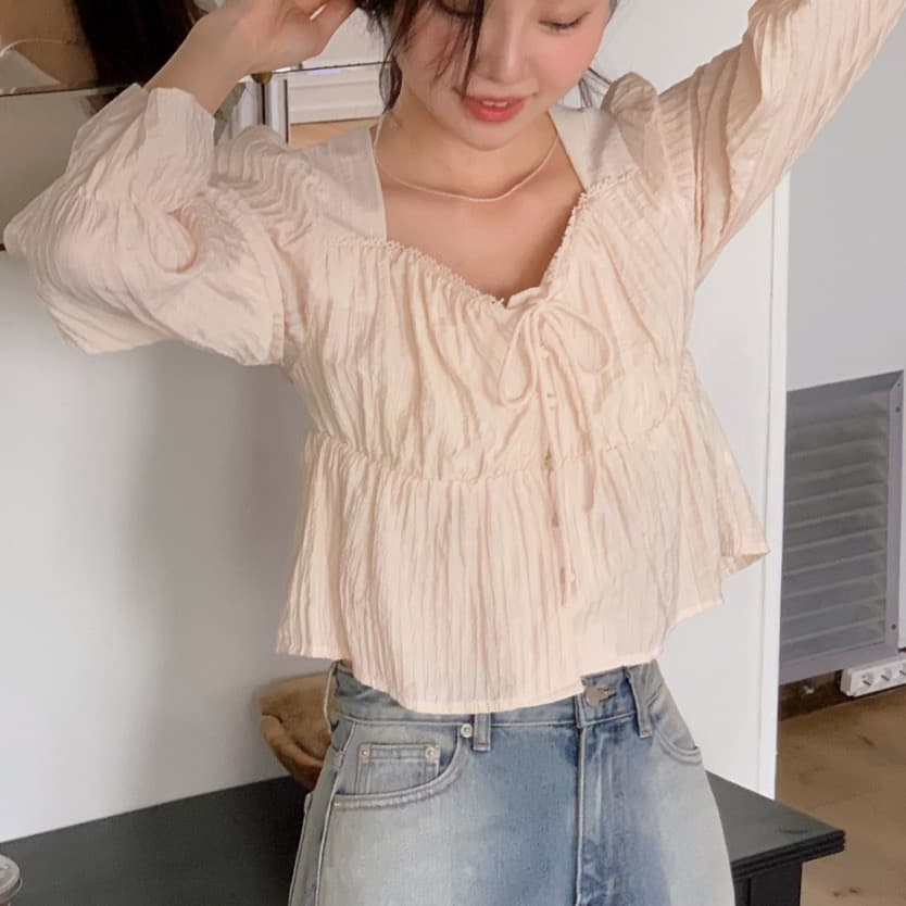 가을 고급 센스 달콤함 다용도 광장 칼라 연꽃 잎 소매 레이스업 주름 긴팔 셔츠 맨위 여성 상세 이미지 44
