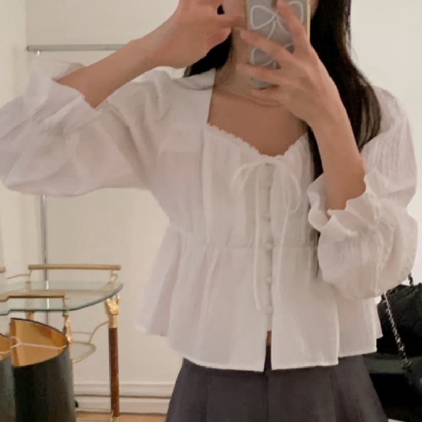 가을 고급 센스 달콤함 다용도 광장 칼라 연꽃 잎 소매 레이스업 주름 긴팔 셔츠 맨위 여성 상세 이미지 45