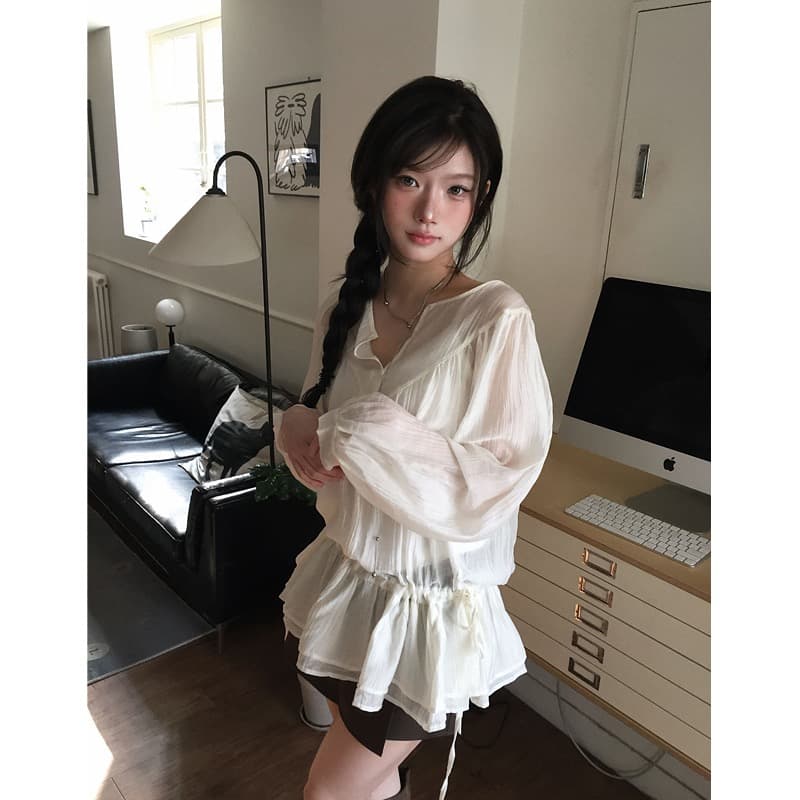 chic 한국 스타일 2026 가을 펌프 로프 허리 수축 셔츠 이미지 4