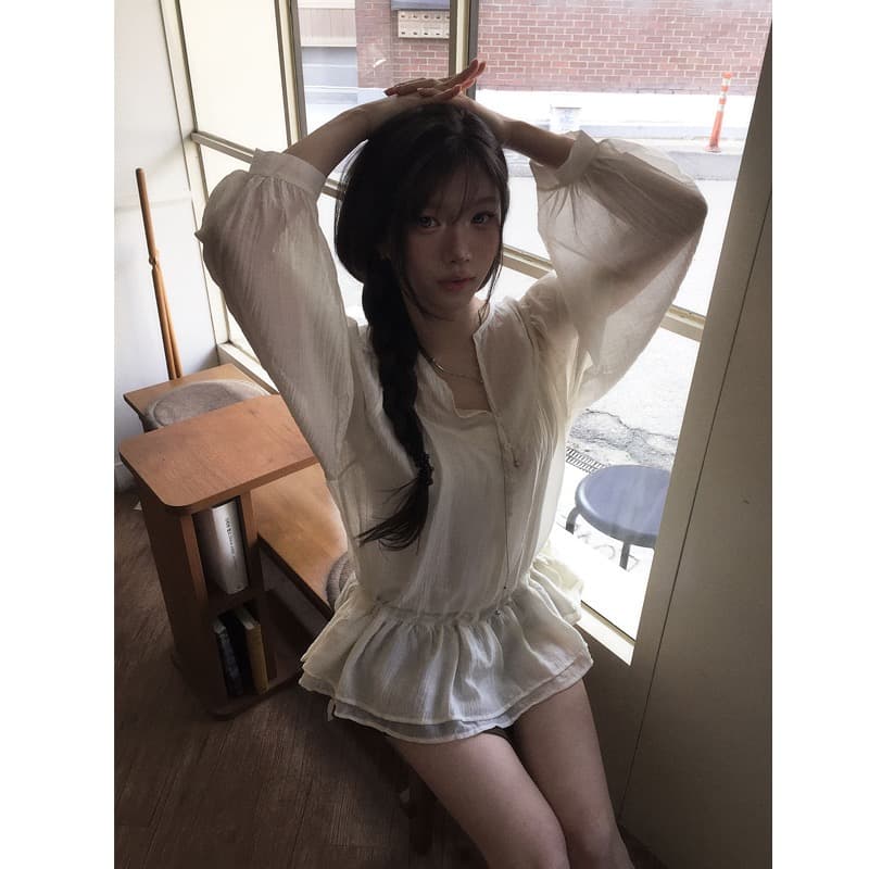 chic 한국 스타일 2026 가을 펌프 로프 허리 수축 셔츠 이미지 2