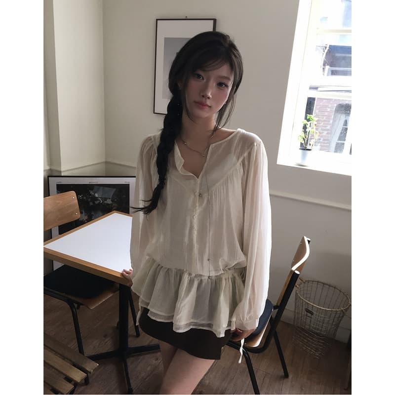 chic 한국 스타일 2026 가을 펌프 로프 허리 수축 셔츠 상세 이미지 10