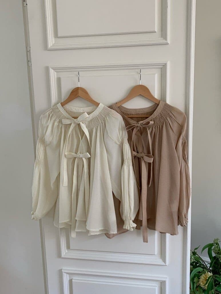 나비 매듭 벌룬 소매 쉬폰 블라우스 한국 스타일 chic 빛 요리 한 루즈핏 셔츠 Chic 작은 대중 디자인 센스 맨위 상세 이미지 2