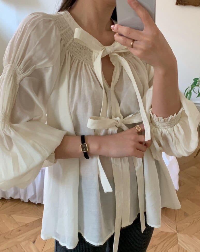 나비 매듭 벌룬 소매 쉬폰 블라우스 한국 스타일 chic 빛 요리 한 루즈핏 셔츠 Chic 작은 대중 디자인 센스 맨위 상세 이미지 8