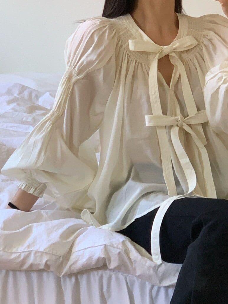 나비 매듭 벌룬 소매 쉬폰 블라우스 한국 스타일 chic 빛 요리 한 루즈핏 셔츠 Chic 작은 대중 디자인 센스 맨위 상세 이미지 11