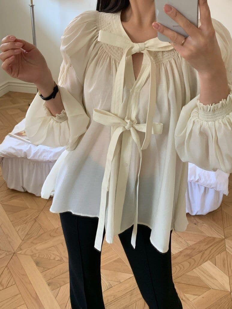 나비 매듭 벌룬 소매 쉬폰 블라우스 한국 스타일 chic 빛 요리 한 루즈핏 셔츠 Chic 작은 대중 디자인 센스 맨위 상세 이미지 12
