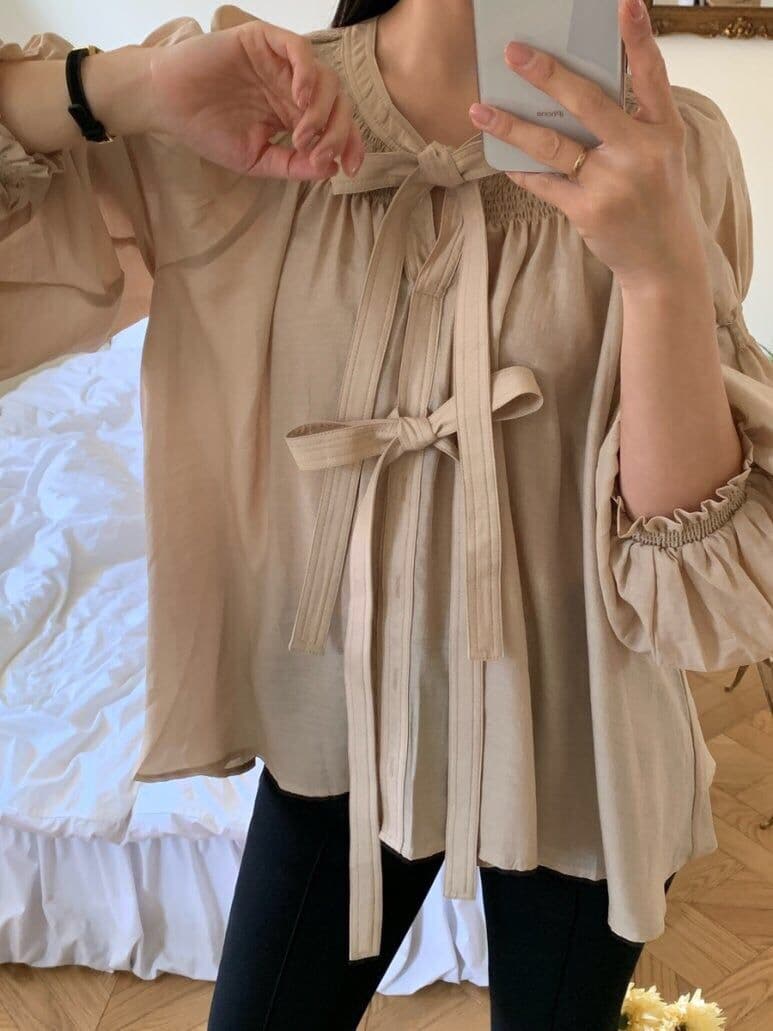 나비 매듭 벌룬 소매 쉬폰 블라우스 한국 스타일 chic 빛 요리 한 루즈핏 셔츠 Chic 작은 대중 디자인 센스 맨위 상세 이미지 13