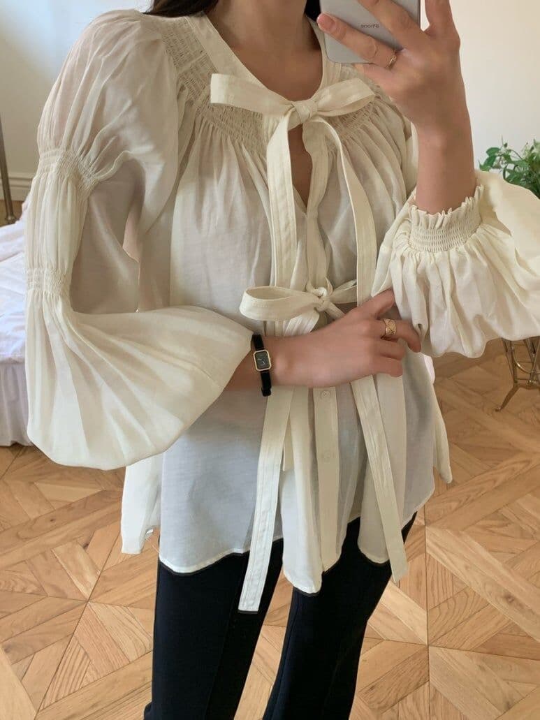 나비 매듭 벌룬 소매 쉬폰 블라우스 한국 스타일 chic 빛 요리 한 루즈핏 셔츠 Chic 작은 대중 디자인 센스 맨위 상세 이미지 16