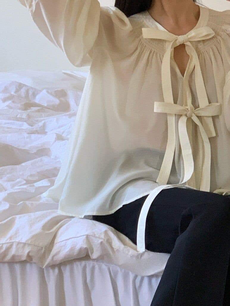 나비 매듭 벌룬 소매 쉬폰 블라우스 한국 스타일 chic 빛 요리 한 루즈핏 셔츠 Chic 작은 대중 디자인 센스 맨위 상세 이미지 17