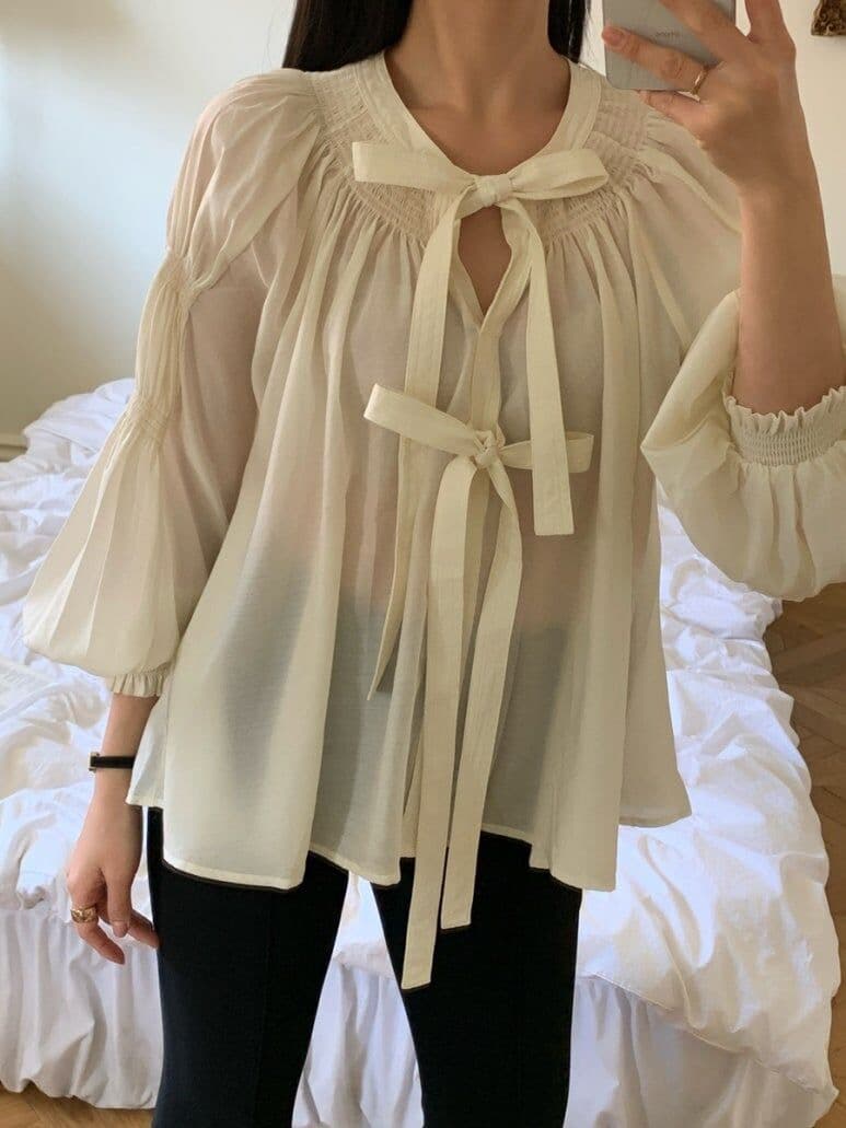 나비 매듭 벌룬 소매 쉬폰 블라우스 한국 스타일 chic 빛 요리 한 루즈핏 셔츠 Chic 작은 대중 디자인 센스 맨위 상세 이미지 18