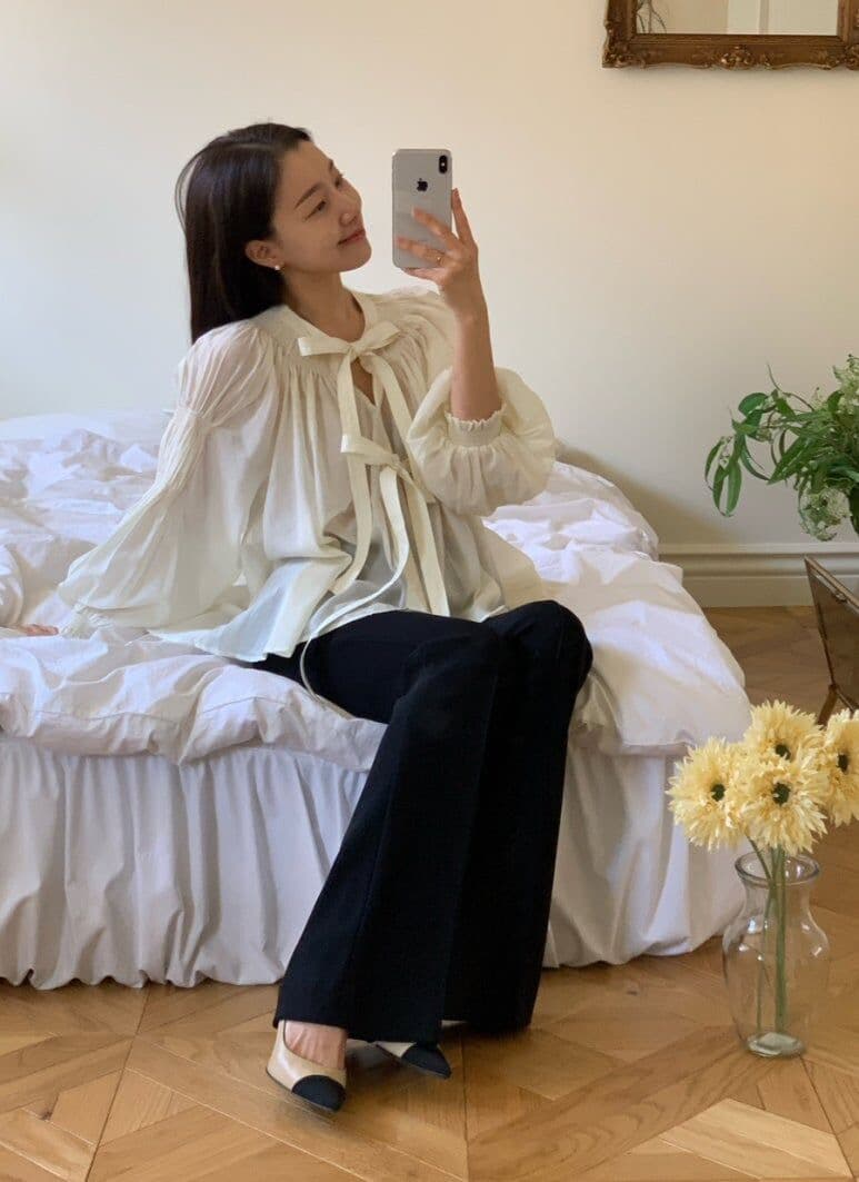 나비 매듭 벌룬 소매 쉬폰 블라우스 한국 스타일 chic 빛 요리 한 루즈핏 셔츠 Chic 작은 대중 디자인 센스 맨위 상세 이미지 19