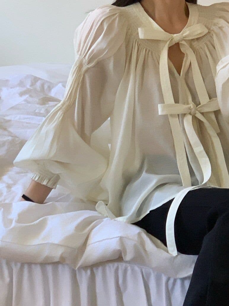 나비 매듭 벌룬 소매 쉬폰 블라우스 한국 스타일 chic 빛 요리 한 루즈핏 셔츠 Chic 작은 대중 디자인 센스 맨위 상세 이미지 21