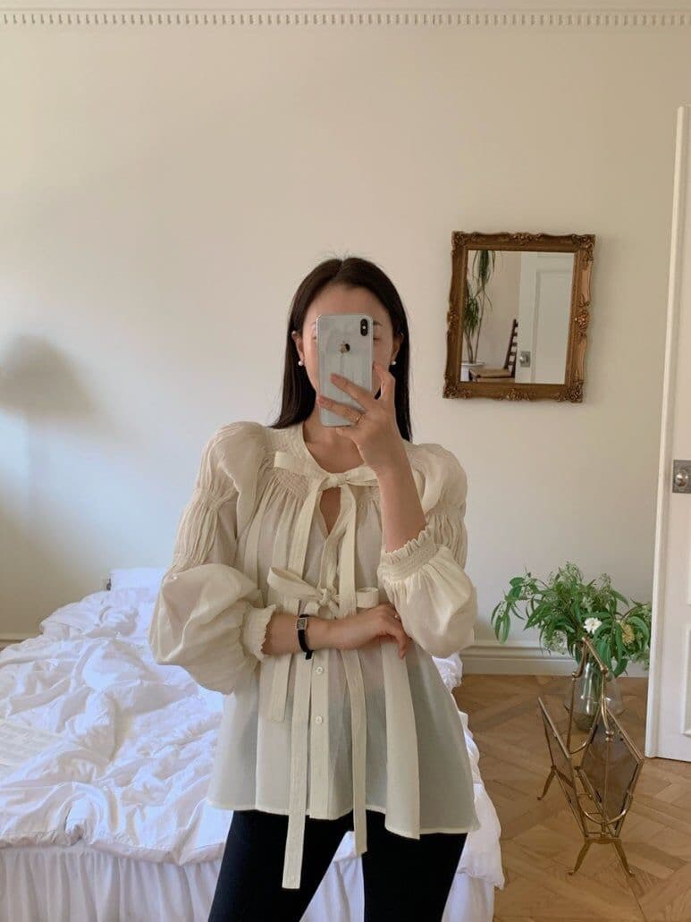 나비 매듭 벌룬 소매 쉬폰 블라우스 한국 스타일 chic 빛 요리 한 루즈핏 셔츠 Chic 작은 대중 디자인 센스 맨위 상세 이미지 22