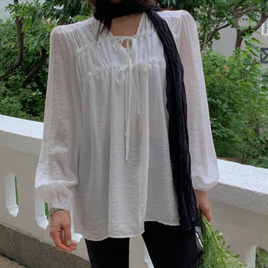 가을 한국 새로운 섹시함 V넥 펌프 로프 주름 루즈핏 캐주얼 긴팔 여성 셔츠