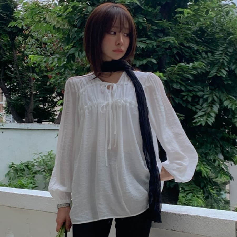 가을 한국 새로운 섹시함 V넥 펌프 로프 주름 루즈핏 캐주얼 긴팔 여성 셔츠 상세 이미지 23
