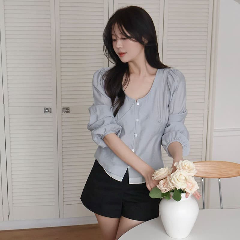 한 부서 프랑스식 V넥 품격 패치워크 밑단 셔츠 레이스업 허리 외국 가스 다용도 셔츠 맨위
