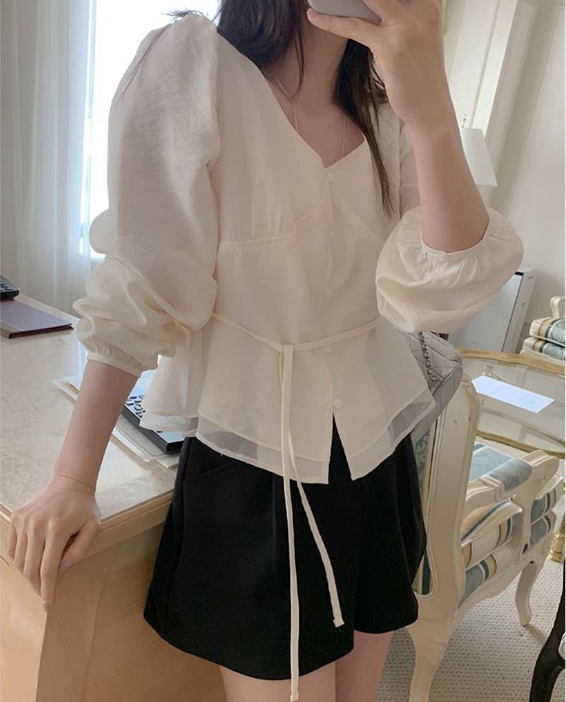 한 부서 프랑스식 V넥 품격 패치워크 밑단 셔츠 레이스업 허리 외국 가스 다용도 셔츠 맨위 이미지 3