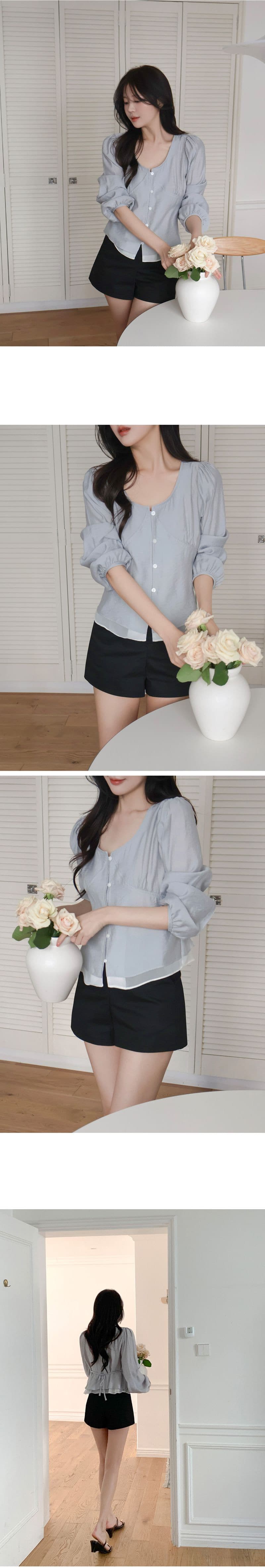 한 부서 프랑스식 V넥 품격 패치워크 밑단 셔츠 레이스업 허리 외국 가스 다용도 셔츠 맨위 상세 이미지 5