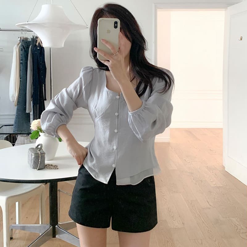 한 부서 프랑스식 V넥 품격 패치워크 밑단 셔츠 레이스업 허리 외국 가스 다용도 셔츠 맨위 상세 이미지 6