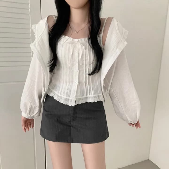 재고 있음 프랑스식 디자인 허리밴드 허리 수축 후드 레이스 긴팔 여성 셔츠 이미지 2