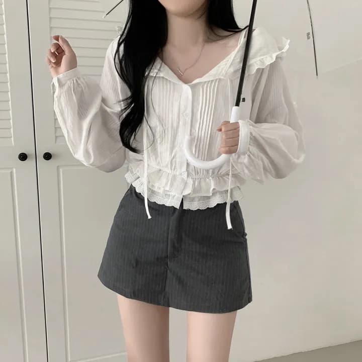재고 있음 프랑스식 디자인 허리밴드 허리 수축 후드 레이스 긴팔 여성 셔츠 이미지 4