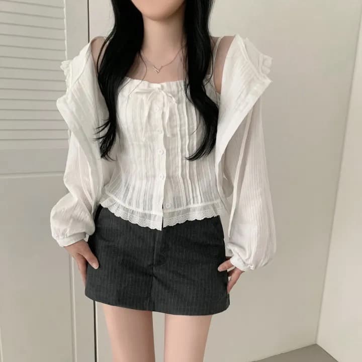 재고 있음 프랑스식 디자인 허리밴드 허리 수축 후드 레이스 긴팔 여성 셔츠 상세 이미지 4