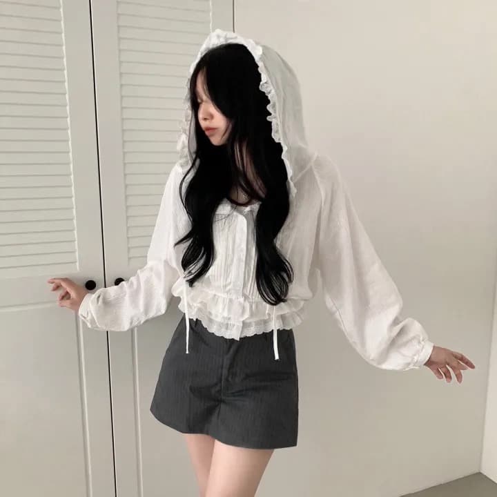 재고 있음 프랑스식 디자인 허리밴드 허리 수축 후드 레이스 긴팔 여성 셔츠 상세 이미지 8