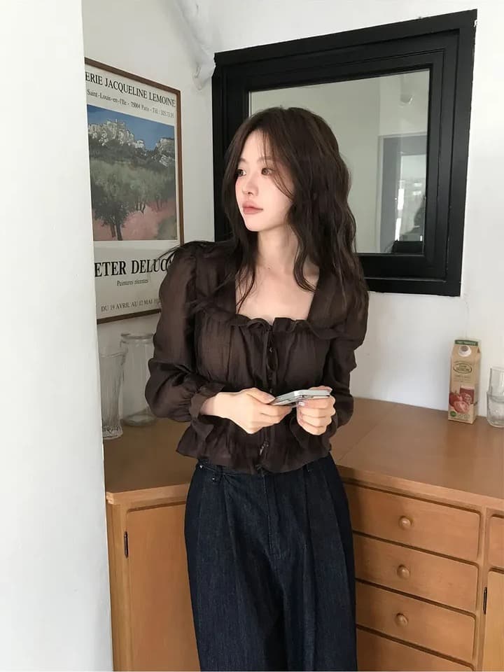 chic 한 부서 프랑스식 달콤함 연령 감소 부드러운 프릴 주름 장식 허리 수축 쉬폰 자외선 차단 셔츠 맨위 상세 이미지 8