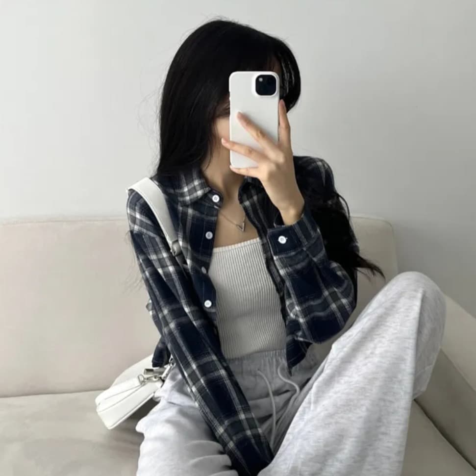 한국 chic 체크무늬 여성 셔츠 가을 쇼트 스타일 디자인 센스 루즈핏 항구 바람 레트로 셔츠 재킷 상세 이미지 10