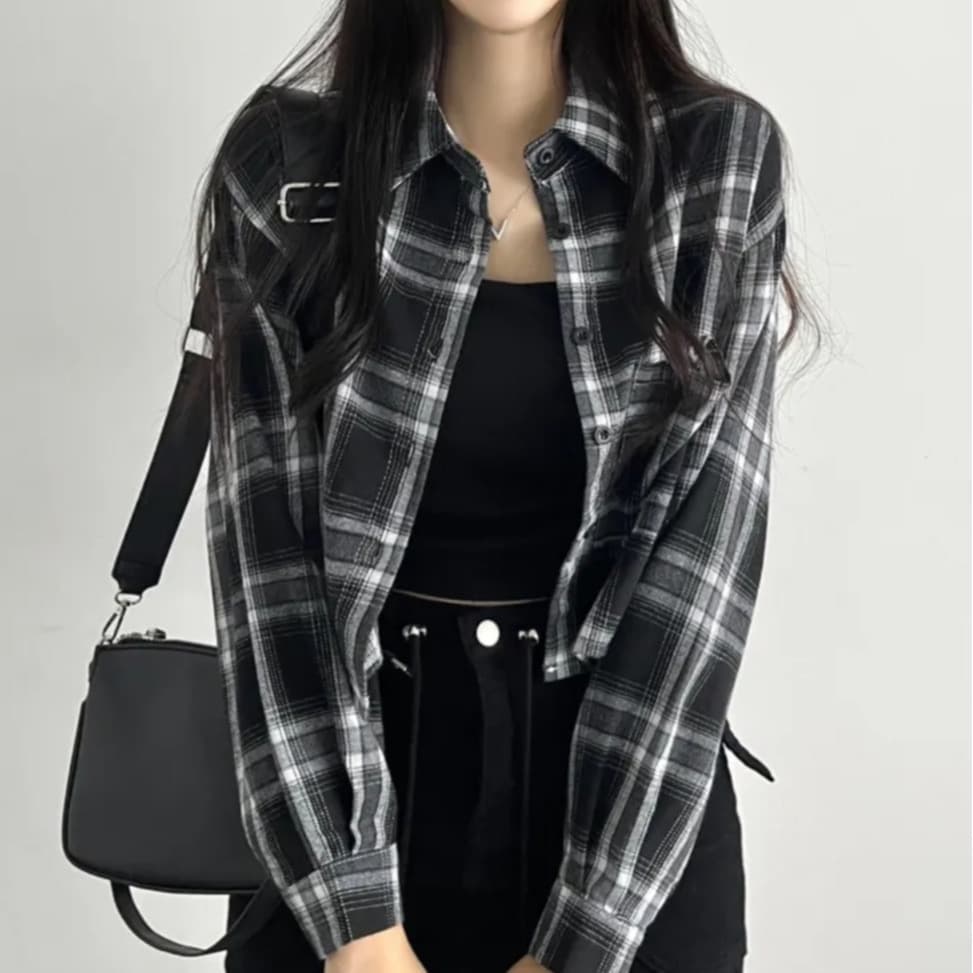 한국 chic 체크무늬 여성 셔츠 가을 쇼트 스타일 디자인 센스 루즈핏 항구 바람 레트로 셔츠 재킷 상세 이미지 13