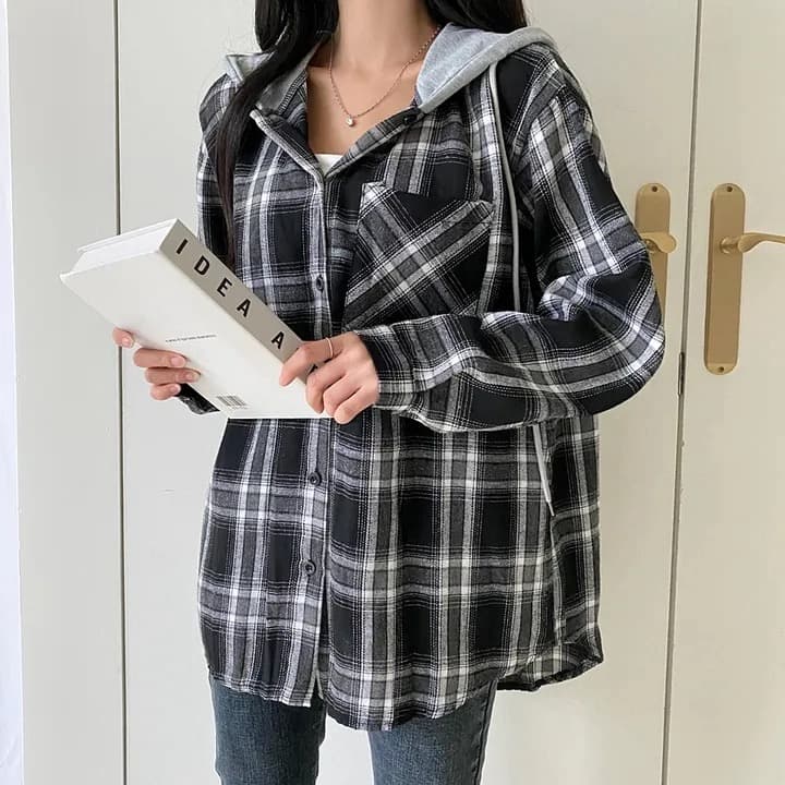 한국 스타일 레트로 싱글 줄 버튼 격자 무늬 셔츠 여성 코트 루즈핏 디자인 센스 후드 패치워크 긴팔 맨위 상세 이미지 2