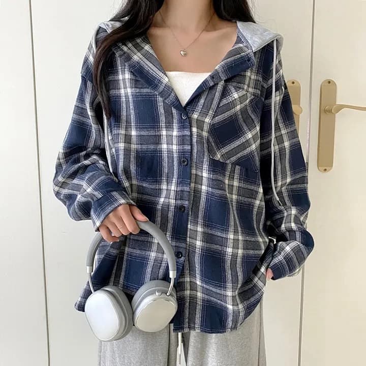 한국 스타일 레트로 싱글 줄 버튼 격자 무늬 셔츠 여성 코트 루즈핏 디자인 센스 후드 패치워크 긴팔 맨위 상세 이미지 8