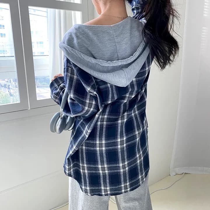 한국 스타일 레트로 싱글 줄 버튼 격자 무늬 셔츠 여성 코트 루즈핏 디자인 센스 후드 패치워크 긴팔 맨위 상세 이미지 15