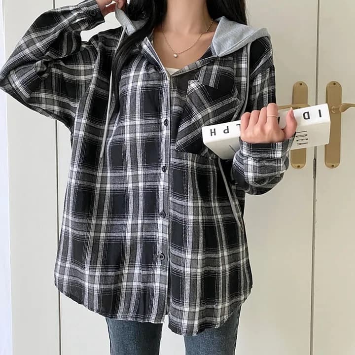 한국 스타일 레트로 싱글 줄 버튼 격자 무늬 셔츠 여성 코트 루즈핏 디자인 센스 후드 패치워크 긴팔 맨위 상세 이미지 18
