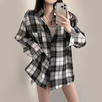 한국 스타일 chic 격자 무늬 셔츠 캐주얼 여성 셔츠 체크무늬 셔츠 루즈핏 다용도 얇은 코트 이미지 4