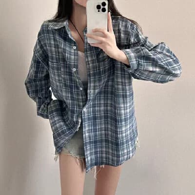 한국 스타일 chic 격자 무늬 셔츠 캐주얼 여성 셔츠 체크무늬 셔츠 루즈핏 다용도 얇은 코트 이미지 3