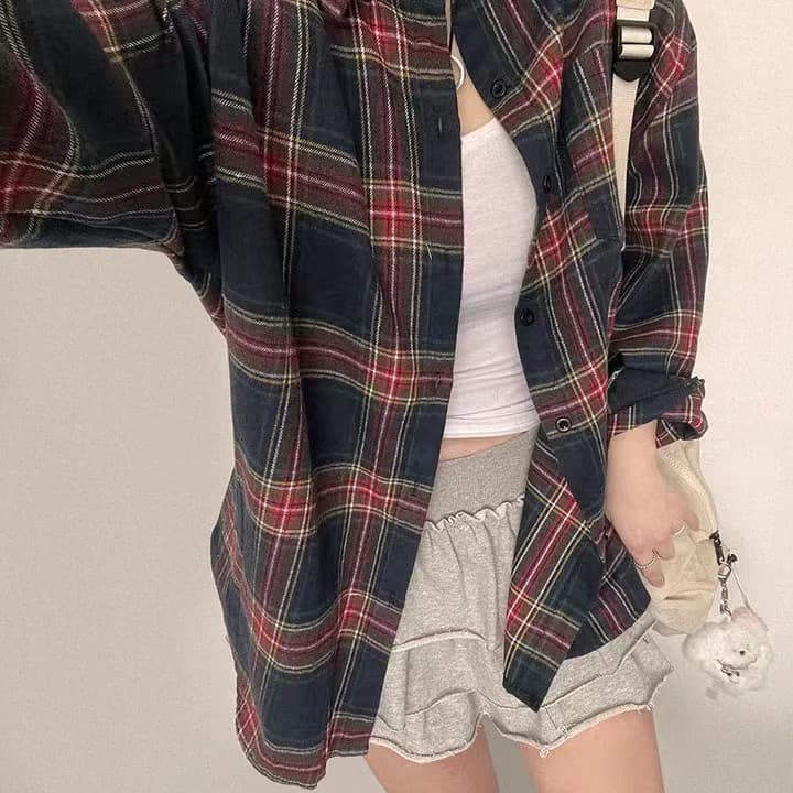 한국 스타일 chic 격자 무늬 셔츠 캐주얼 여성 셔츠 체크무늬 셔츠 루즈핏 다용도 얇은 코트 상세 이미지 3