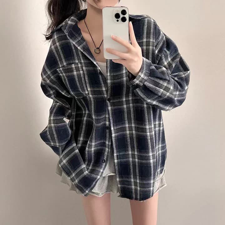 한국 스타일 chic 격자 무늬 셔츠 캐주얼 여성 셔츠 체크무늬 셔츠 루즈핏 다용도 얇은 코트 상세 이미지 4