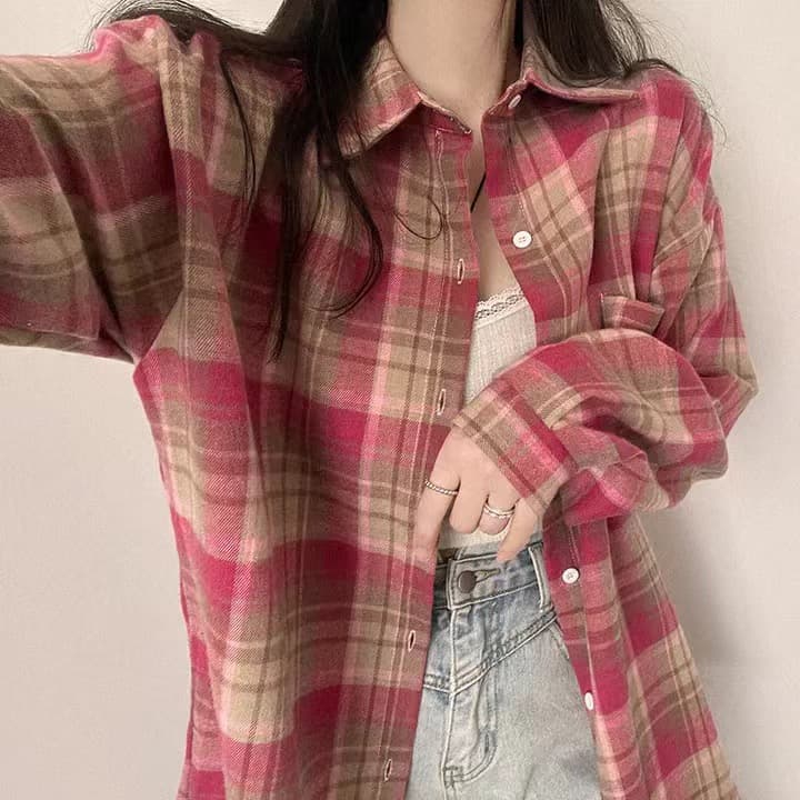 한국 스타일 chic 격자 무늬 셔츠 캐주얼 여성 셔츠 체크무늬 셔츠 루즈핏 다용도 얇은 코트 상세 이미지 5