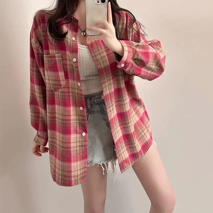한국 스타일 chic 격자 무늬 셔츠 캐주얼 여성 셔츠 체크무늬 셔츠 루즈핏 다용도 얇은 코트 상세 이미지 7