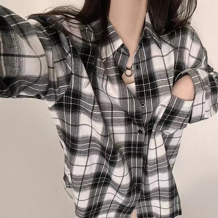 한국 스타일 chic 격자 무늬 셔츠 캐주얼 여성 셔츠 체크무늬 셔츠 루즈핏 다용도 얇은 코트 상세 이미지 8