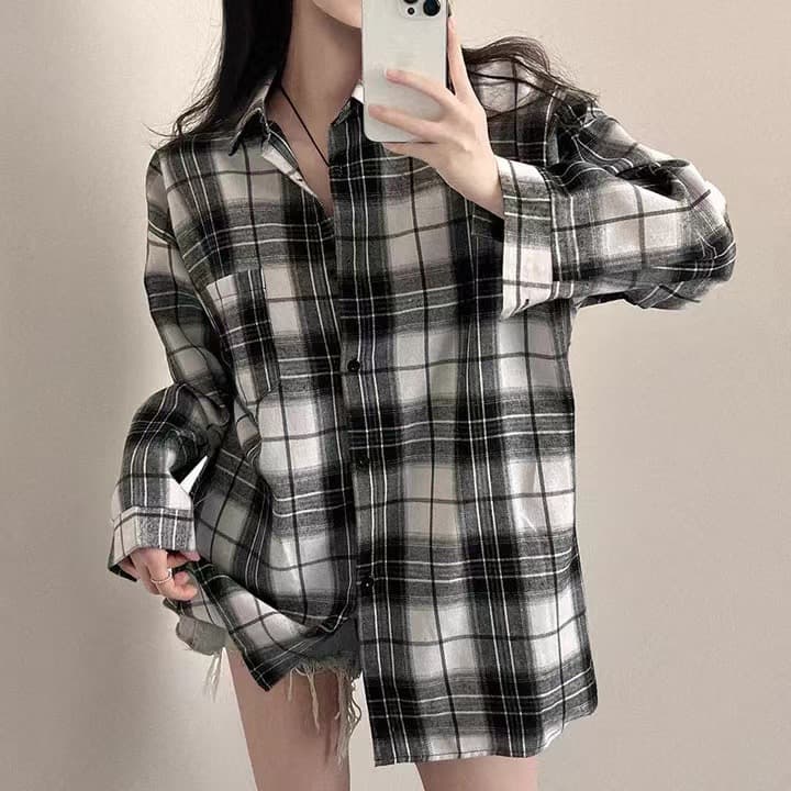 한국 스타일 chic 격자 무늬 셔츠 캐주얼 여성 셔츠 체크무늬 셔츠 루즈핏 다용도 얇은 코트 상세 이미지 9