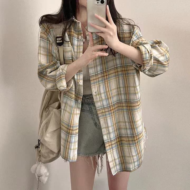 한국 스타일 chic 격자 무늬 셔츠 캐주얼 여성 셔츠 체크무늬 셔츠 루즈핏 다용도 얇은 코트 상세 이미지 12