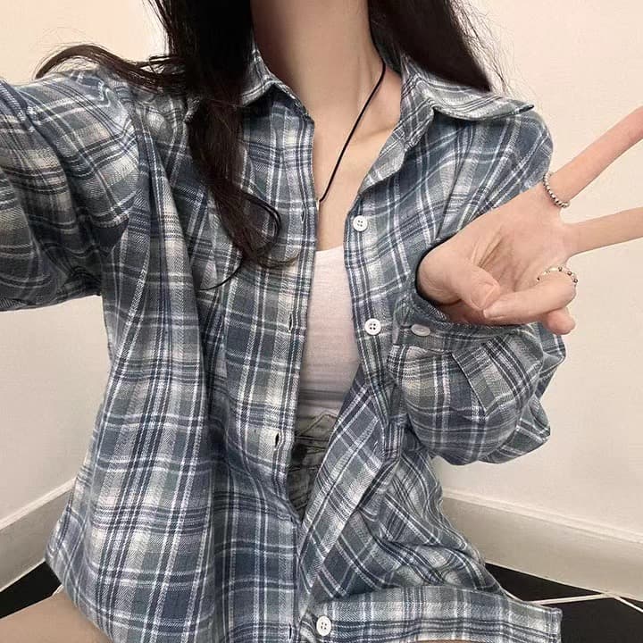 한국 스타일 chic 격자 무늬 셔츠 캐주얼 여성 셔츠 체크무늬 셔츠 루즈핏 다용도 얇은 코트 상세 이미지 14
