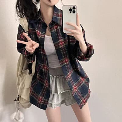 한국 스타일 chic 격자 무늬 셔츠 캐주얼 여성 셔츠 체크무늬 셔츠 루즈핏 다용도 얇은 코트 상세 이미지 17