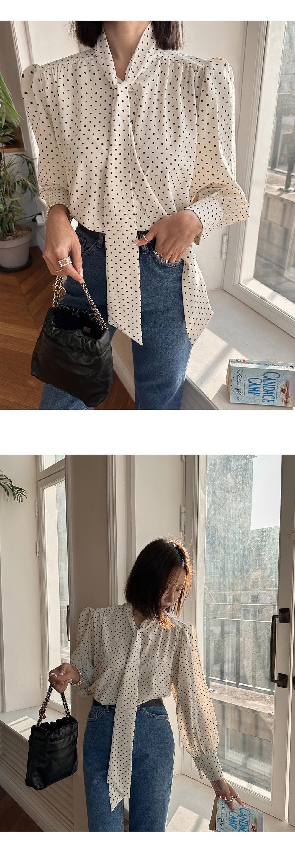패션 숙녀 한국 동대문 긴팔 셔츠 다용도 루즈핏 도트 무늬 쉬폰 리본 한국 스타일 셔츠 상세 이미지 3