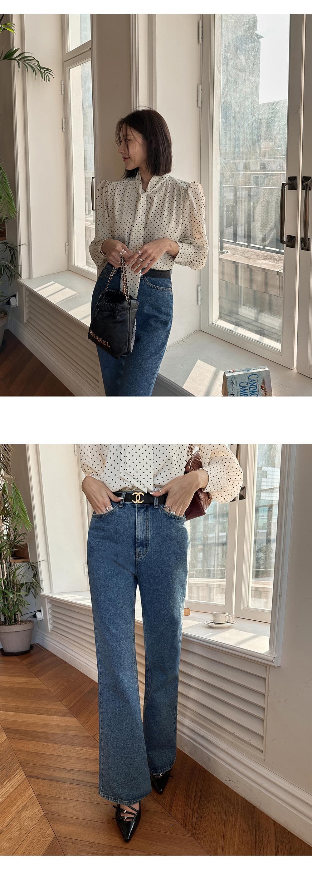 패션 숙녀 한국 동대문 긴팔 셔츠 다용도 루즈핏 도트 무늬 쉬폰 리본 한국 스타일 셔츠 상세 이미지 4