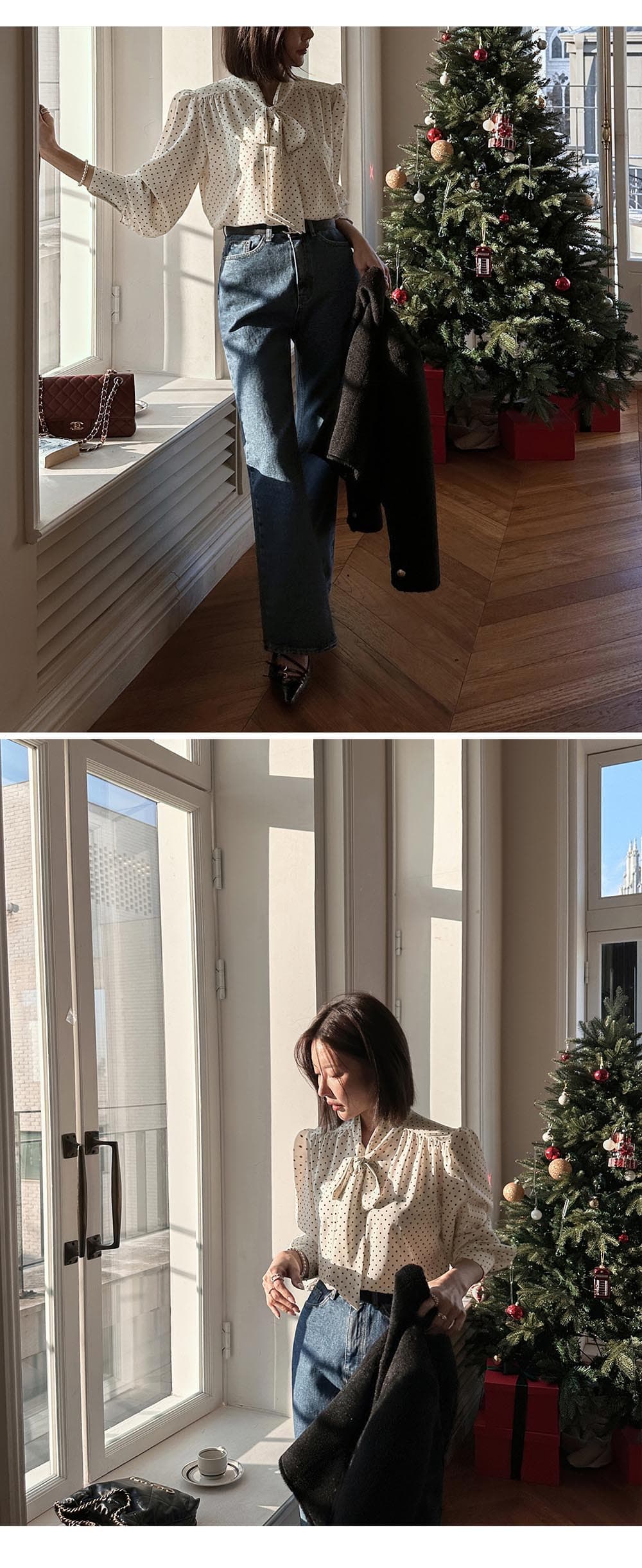 패션 숙녀 한국 동대문 긴팔 셔츠 다용도 루즈핏 도트 무늬 쉬폰 리본 한국 스타일 셔츠 상세 이미지 5