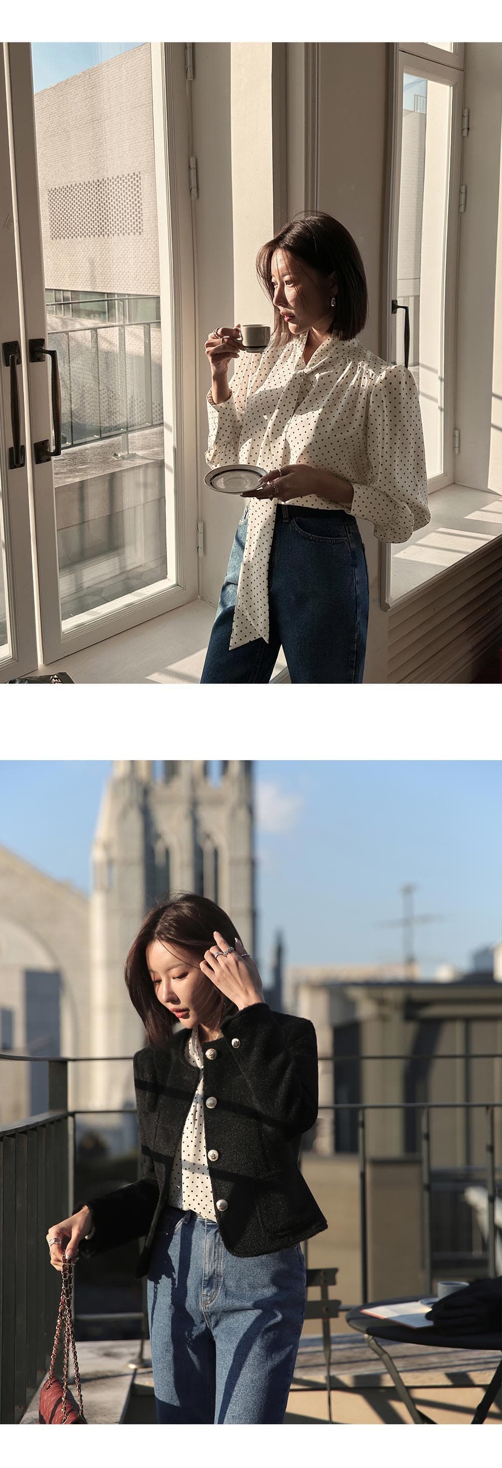 패션 숙녀 한국 동대문 긴팔 셔츠 다용도 루즈핏 도트 무늬 쉬폰 리본 한국 스타일 셔츠 상세 이미지 6