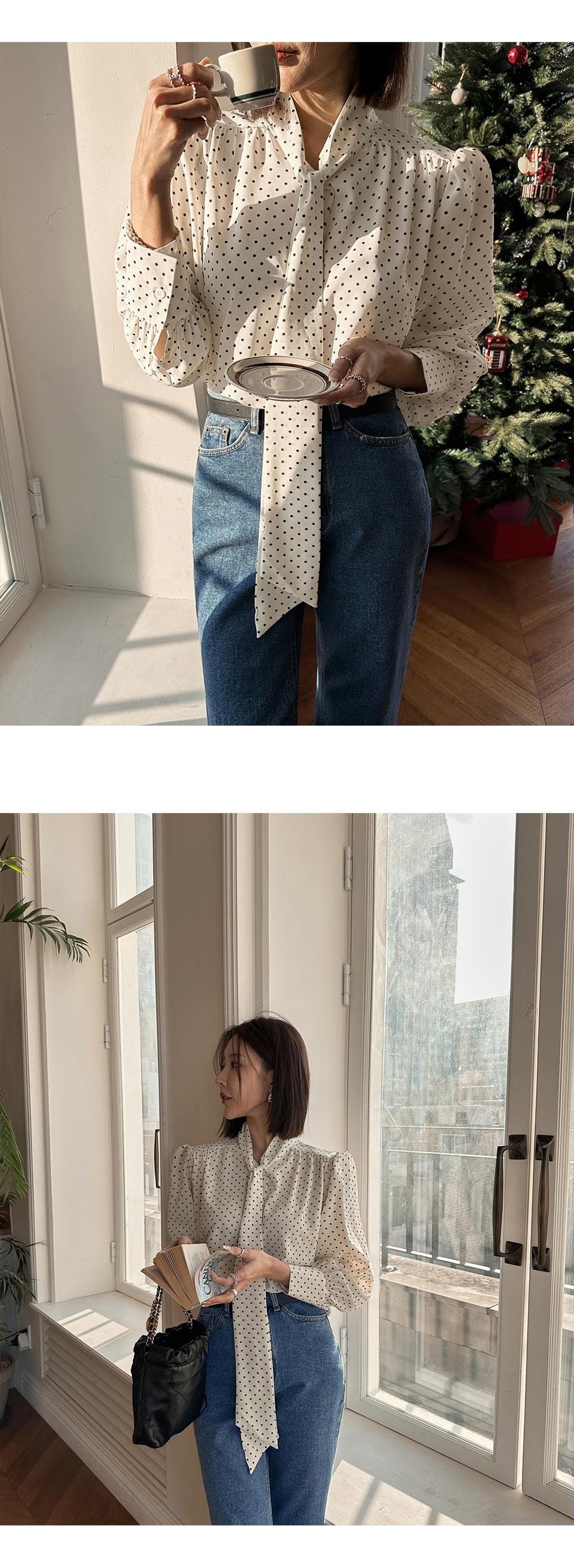 패션 숙녀 한국 동대문 긴팔 셔츠 다용도 루즈핏 도트 무늬 쉬폰 리본 한국 스타일 셔츠 상세 이미지 8