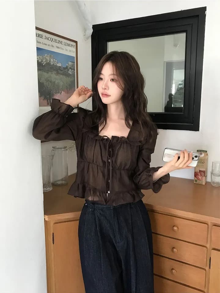 chic 한 부서 프랑스식 달콤함 연령 감소 부드러운 프릴 주름 장식 허리 수축 쉬폰 셔츠 맨위